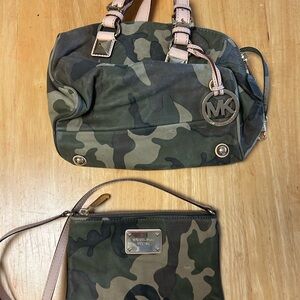 Michael Kors Green Camo Satchel and Wristlet with Pale Pink Trim
